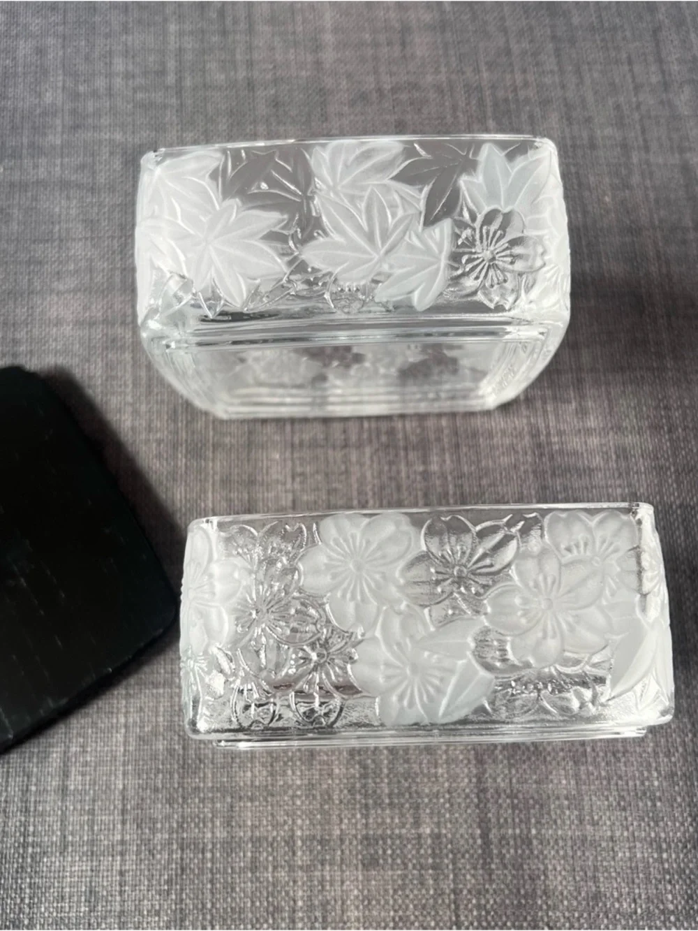 Princess House Fantasia Frosted Floral Glass Jewelry Jar with Black Lid